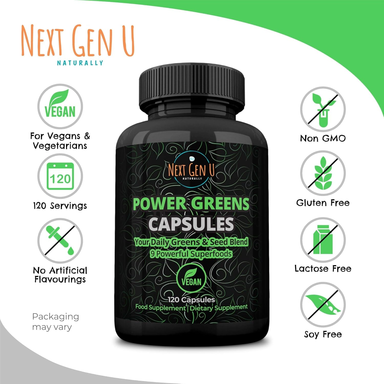 NGU - Super Greens - Immune System Support - 500 Mg 120 Vegan Capsules - Contains Mixed Superfoods for Daily Booster Healthy Keto Blend W/Acai, Wheatgrass, Guarana, Chlorella, Flaxseed, Matcha, Maca