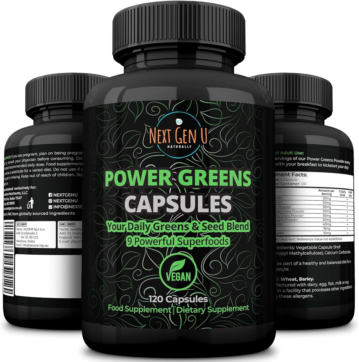 NGU - Super Greens - Immune System Support - 500 Mg 120 Vegan Capsules - Contains Mixed Superfoods for Daily Booster Healthy Keto Blend W/Acai, Wheatgrass, Guarana, Chlorella, Flaxseed, Matcha, Maca