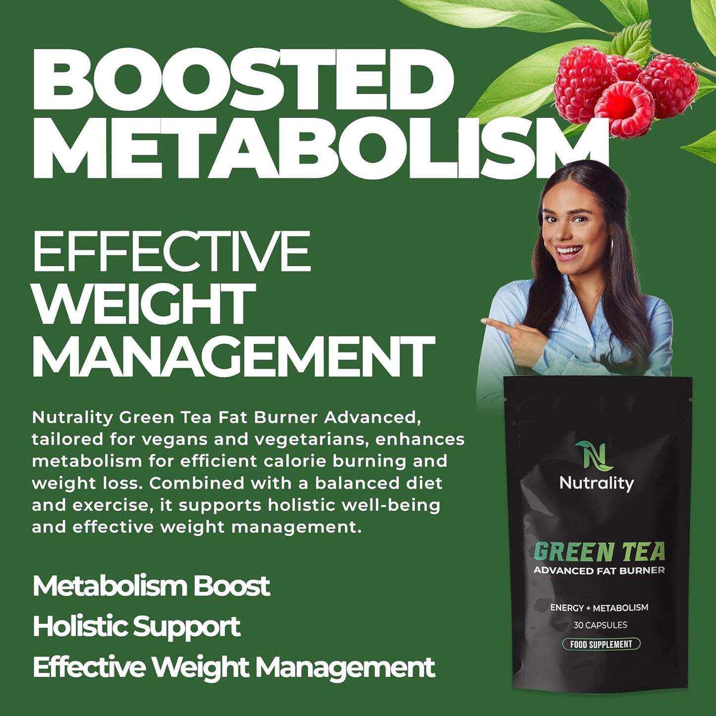 Green Tea Advanced Fat Burner Supplement | for Men & Women | Green Tea Extract with Garcinia & Green Coffee | Weight Management, Metabolism Boost & Appetite Suppressant | 30 Vegan Capsules