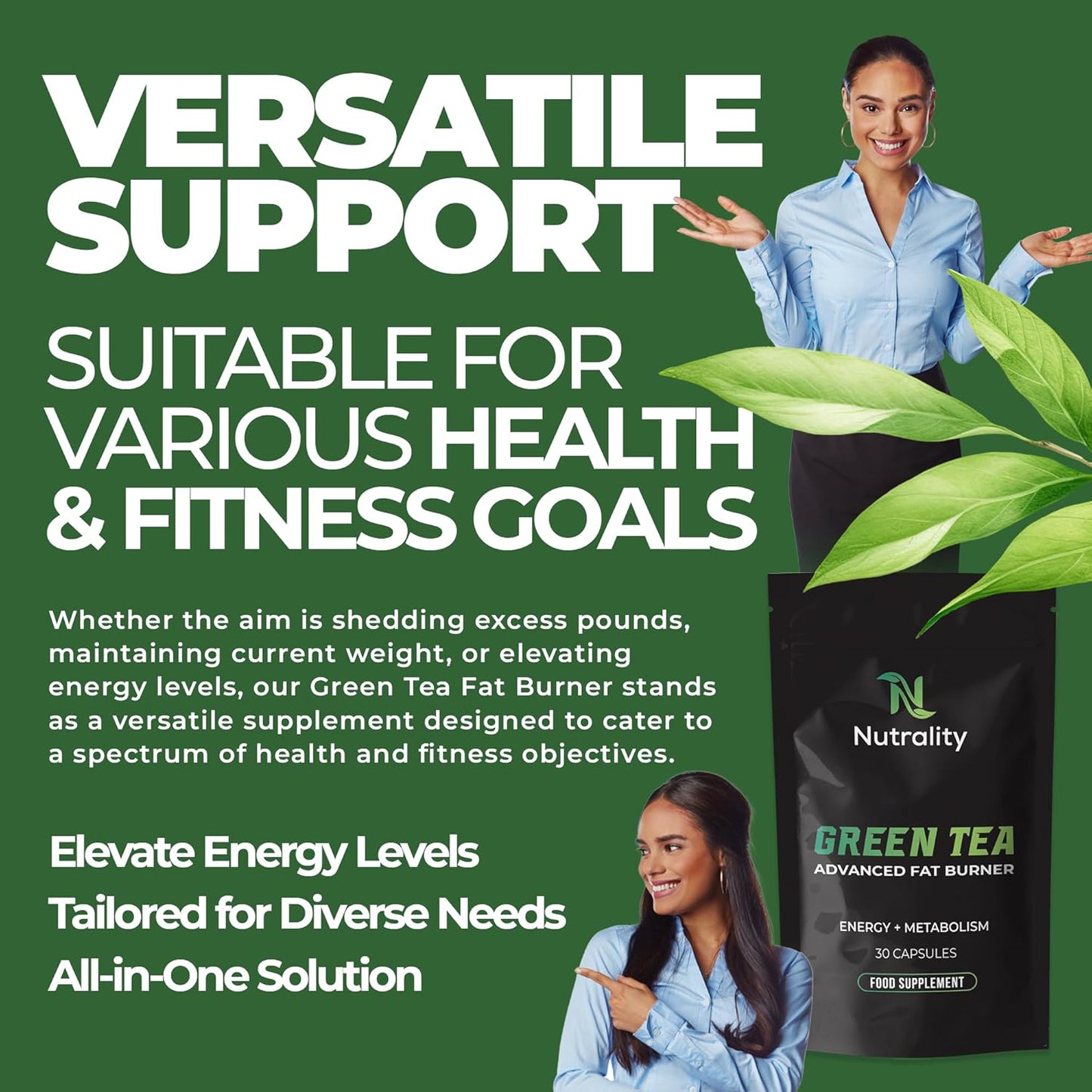 Green Tea Advanced Fat Burner Supplement | for Men & Women | Green Tea Extract with Garcinia & Green Coffee | Weight Management, Metabolism Boost & Appetite Suppressant | 30 Vegan Capsules