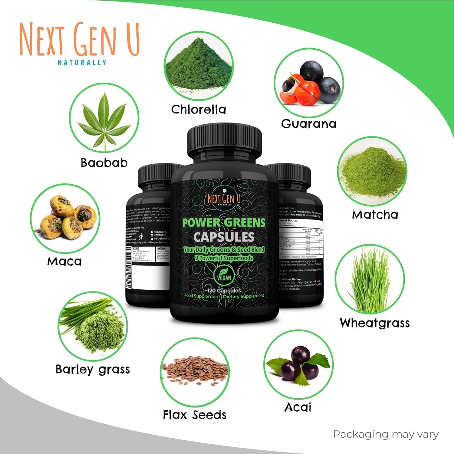 NGU - Super Greens - Immune System Support - 500 Mg 120 Vegan Capsules - Contains Mixed Superfoods for Daily Booster Healthy Keto Blend W/Acai, Wheatgrass, Guarana, Chlorella, Flaxseed, Matcha, Maca