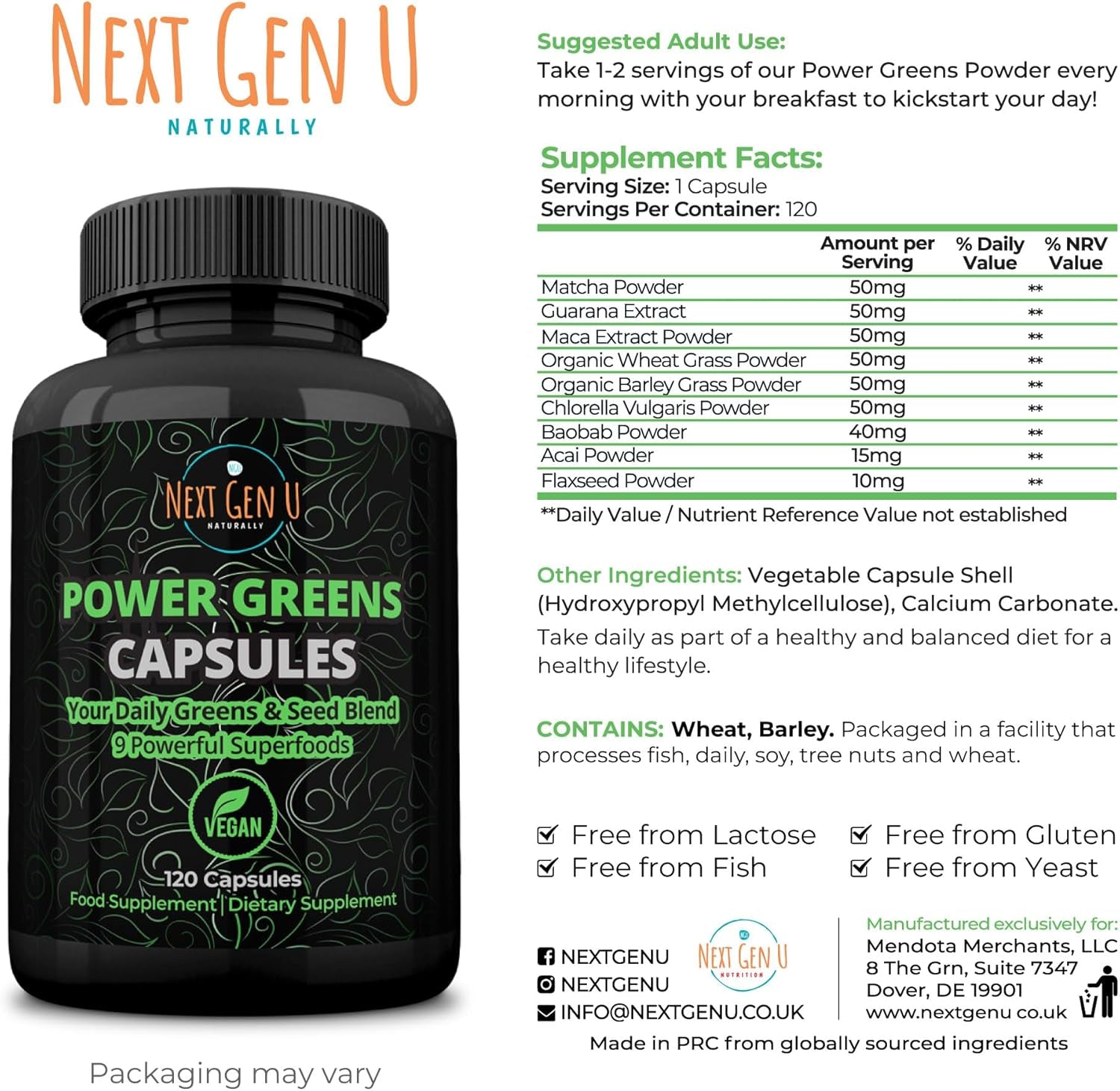 NGU - Super Greens - Immune System Support - 500 Mg 120 Vegan Capsules - Contains Mixed Superfoods for Daily Booster Healthy Keto Blend W/Acai, Wheatgrass, Guarana, Chlorella, Flaxseed, Matcha, Maca